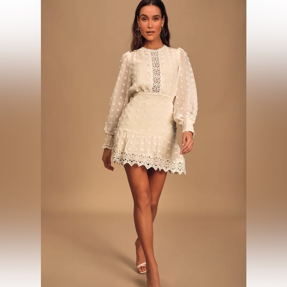 NEW Lulus Cream Embroidered Lace Boho Scandi Girl Chic XL Chiffon Dress lined - Picture 3 of 14
